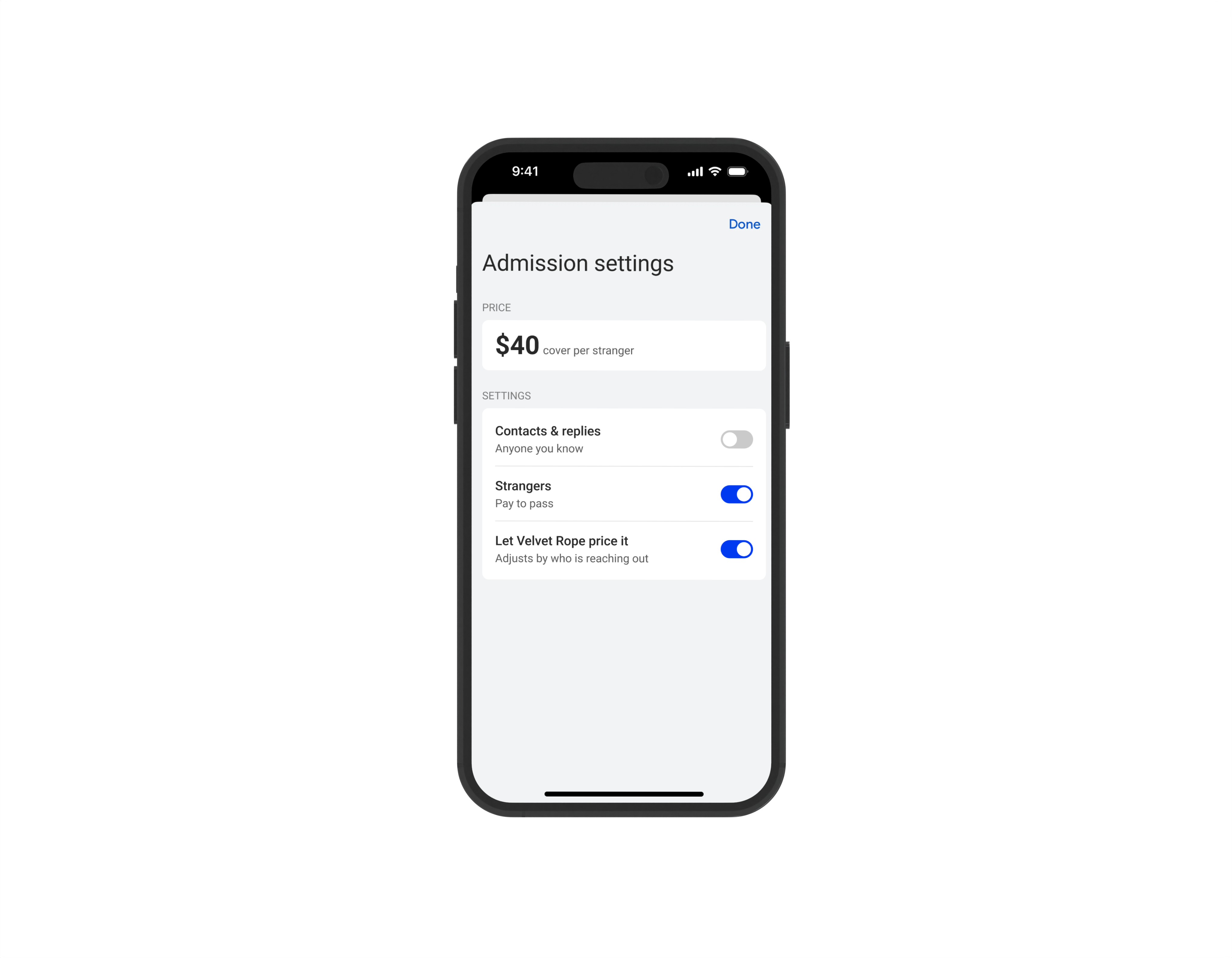 Admission settings on a phone